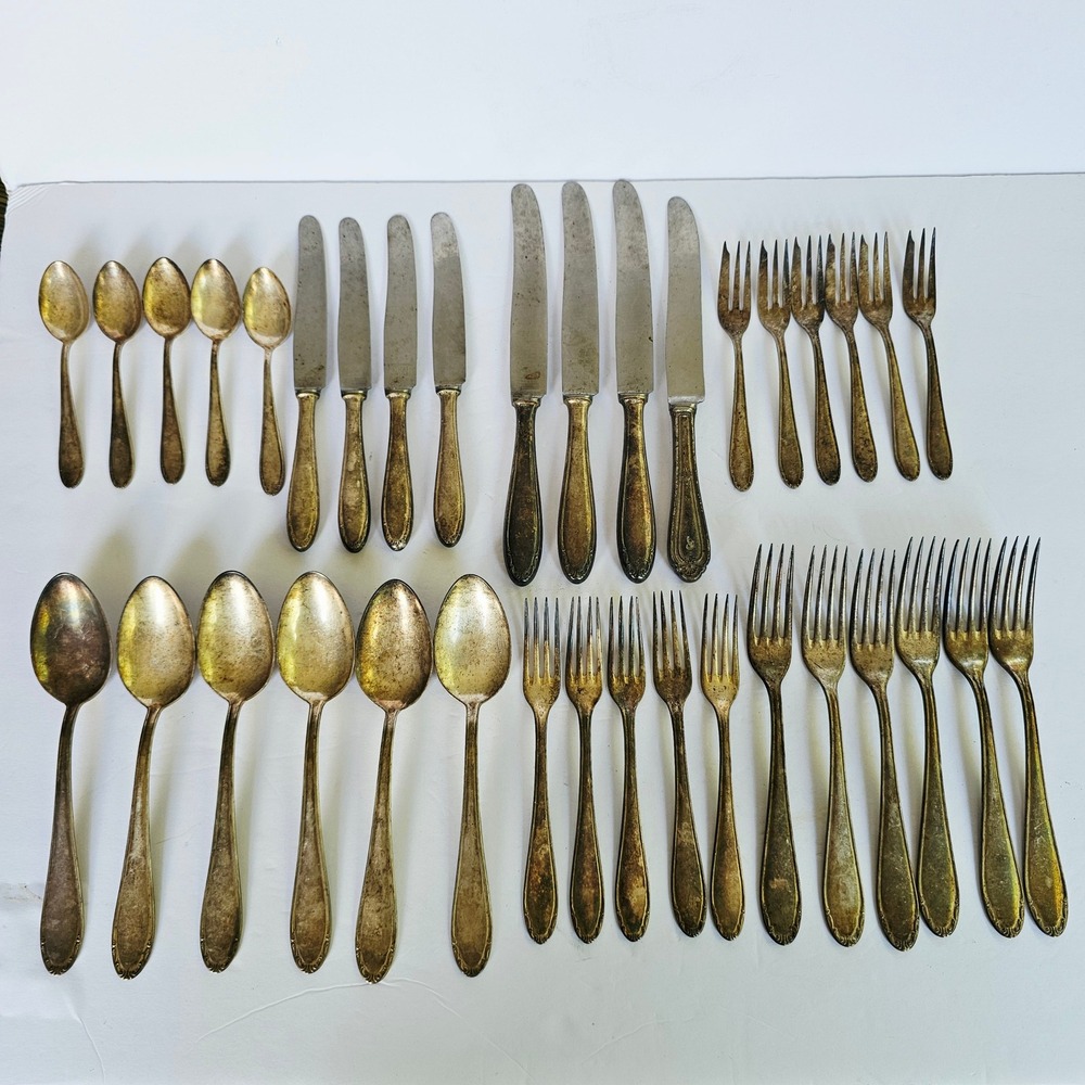 Vintage OKA 90 Silver Plated Flatware Set 33pc Scroll Edge German Tarnish Patina